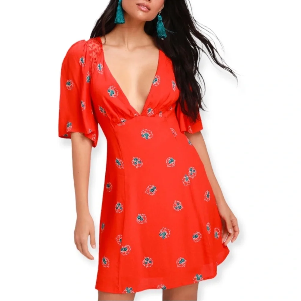 Free People Mockingbird Floral Cut Out Mini Dress Coral Red 2